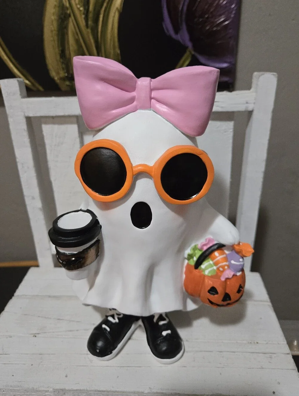 Ghost Girl In Sunglasses And Pink Bow Holding Coffee Trick Or Treat Halloween
